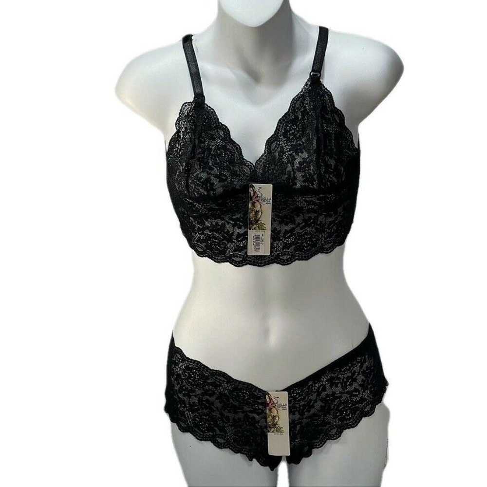 DELLA SPIGA by FRI-COUT LINGERIE Cami and Boy Short Set Stretch Lace Black NEW